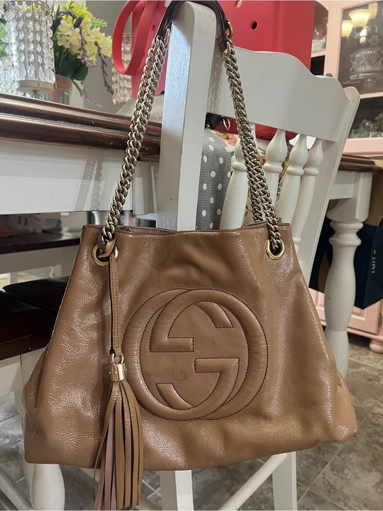 Gucci Handbags - Gucci Brown SoHo Patent Leather Shoulder Bag with Tassel
